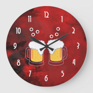 Modern Red Abstract with Beer Mugs Large Clock