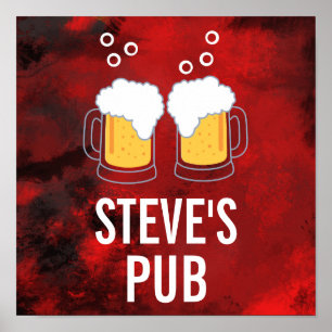 Modern Red Abstract with Beer Mugs - Pub Poster