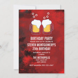 Modern Red Abstract with Beer Steins Birthday Invitation