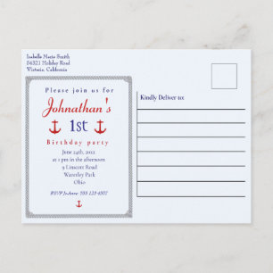 Modern Red Anchor Blue Boats Nautical Birthday Postcard