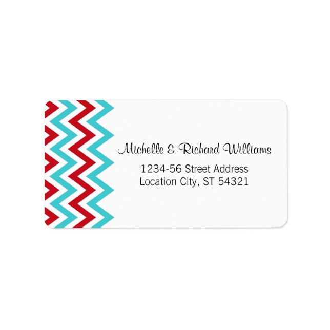 Modern Red and Aqua Chevron & Lovebirds Wedding Label (Front)