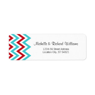 Modern Red and Aqua Chevron & Lovebirds Wedding Return Address Label