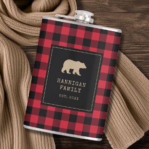 Modern Red and Black Buffalo Plaid Family Name Hip Flask