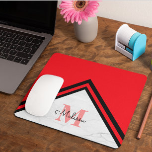 Modern Red and Black Chevron Name Monogram Mouse Pad