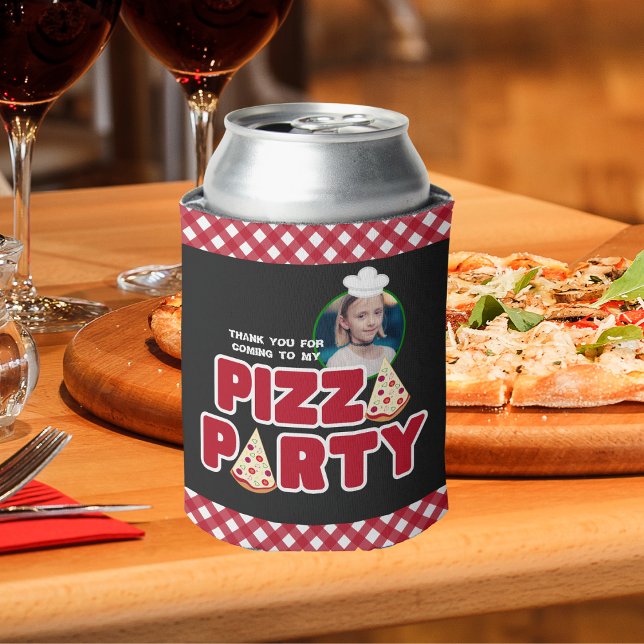 Modern Red And Black Pizza Party Kids Birthday Seltzer Can Cooler (Creator Uploaded)