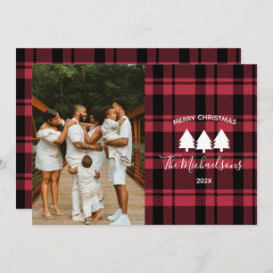 Modern Red and Black Plaid Photo Holiday Card