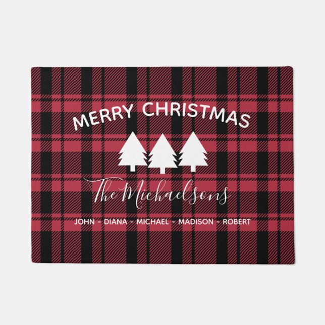 Modern Red and Black Plaid with Monogram Name  Doormat (Front)
