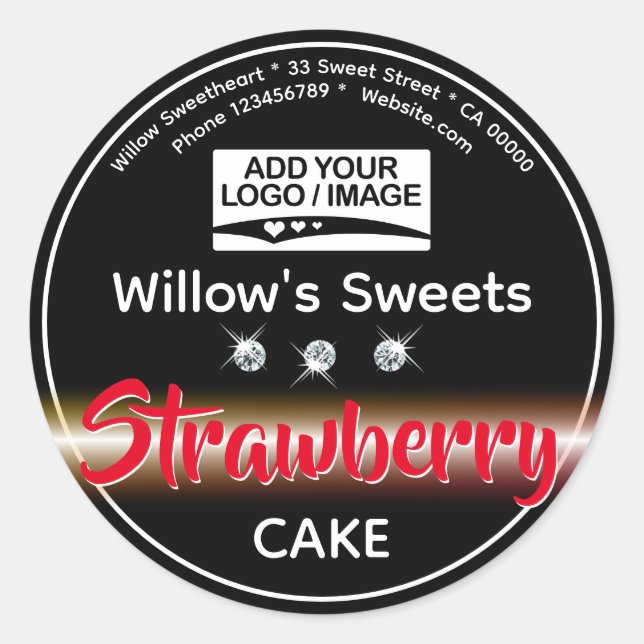 Modern Red and Black Rhinestone Cake Pastry Label (Front)