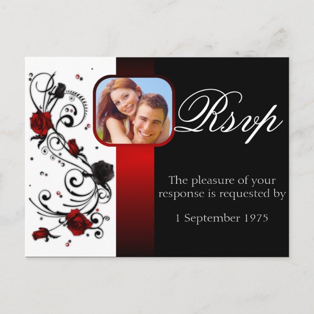 Modern Red and Black Rose Wedding RSVP Invitation Postcard (Front)