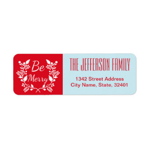 Modern Red and Blue Christmas Wreath Return Address Label