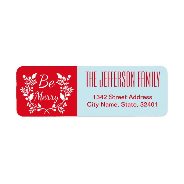 Modern Red and Blue Christmas Wreath Return Address Label (Front)