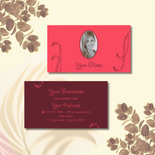 Modern Red and Burgundy Ornate with Portrait Photo Business Card