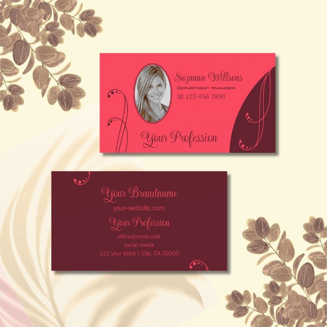 Modern Red and Burgundy Ornate with Portrait Photo Business Card (Creator Uploaded)