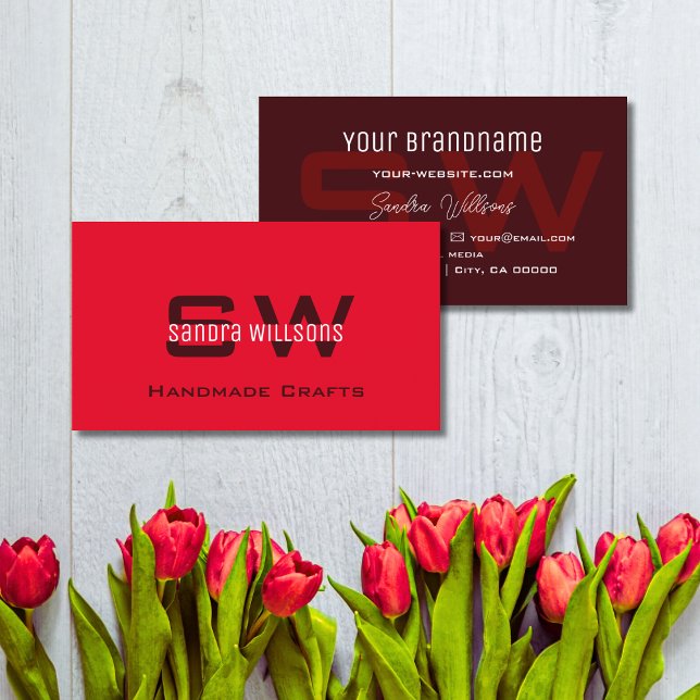 Modern Red and Burgundy Simple with Monogram Chic Business Card (Creator Uploaded)