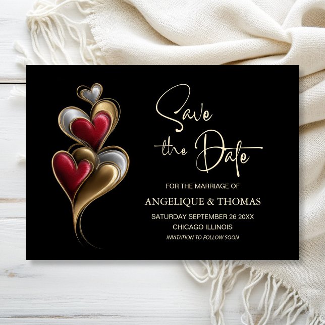 Modern Red and Gold Hearts Wedding Save the Date (Creator Uploaded)
