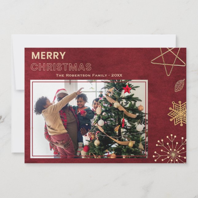 Modern Red and Gold Merry Christmas Family Photo Holiday Card (Front)