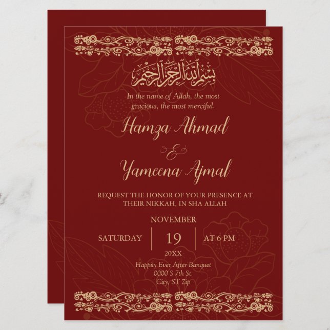 Modern Red And Gold Muslim Islamic Wedding Nikkah Invitation (Front/Back)