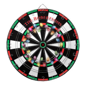Modern Red and Green Christmas Lights Family Name Dartboard