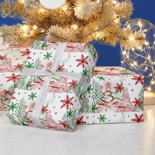 Modern Red and Green Christmas Trees Snowflakes Wrapping Paper
