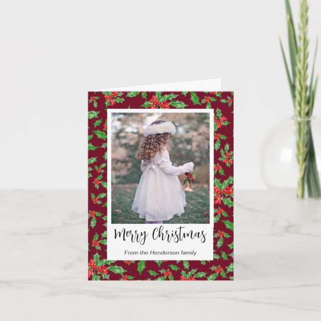 Modern Red And Green Holly Merry Christmas Photo Holiday Card (Front)