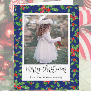 Modern Red And Green Holly Merry Christmas Photo Holiday Card