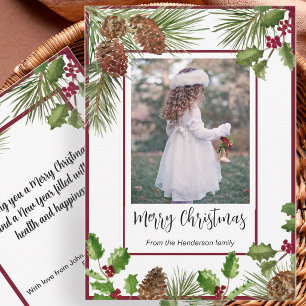 Modern Red And Green Holly Merry Christmas Photo Holiday Card