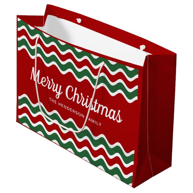 Modern Red And Green Merry Christmas Large Gift Bag (Front Angled)