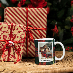 Modern Red and Green Plaid Christmas Photo Collage Coffee Mug