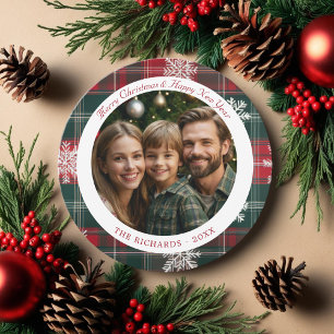 Modern Red and Green plaid Snowflakes  Holiday Card