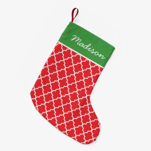 Modern Red and Green Quatrefoil Monogram Small Christmas Stocking