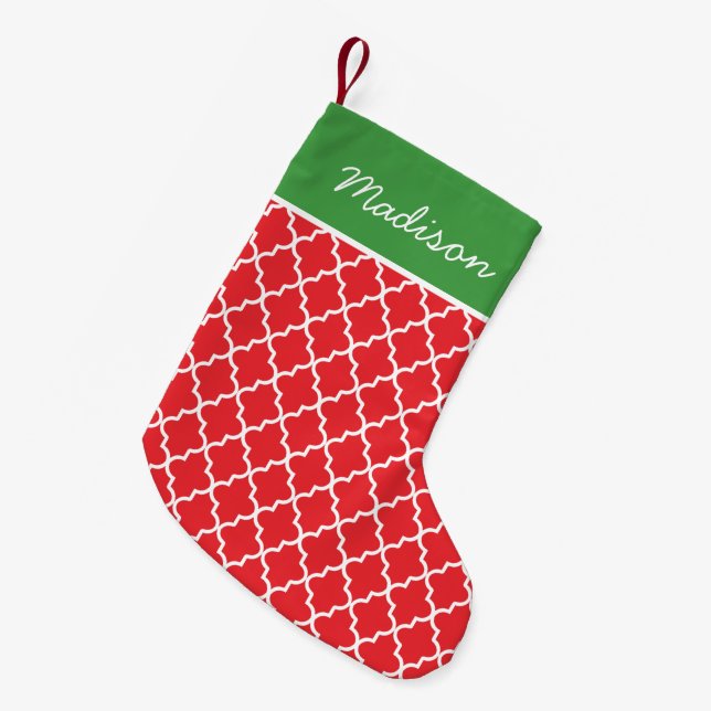 Modern Red and Green Quatrefoil Monogram Small Christmas Stocking (Front (Hanging))