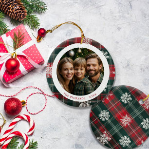 Modern Red and Green Snowflakes Photo  Ceramic Ornament