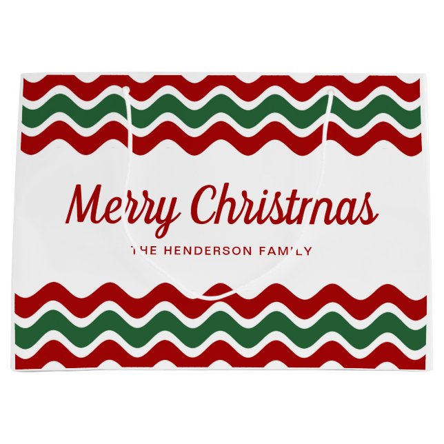 Modern Red And Green Stripes Christmas Large Gift Bag (Front)