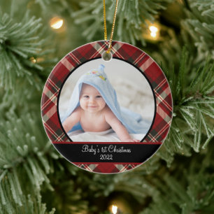 Modern Red and Green Tartan Plaid Baby Photo Ceramic Ornament