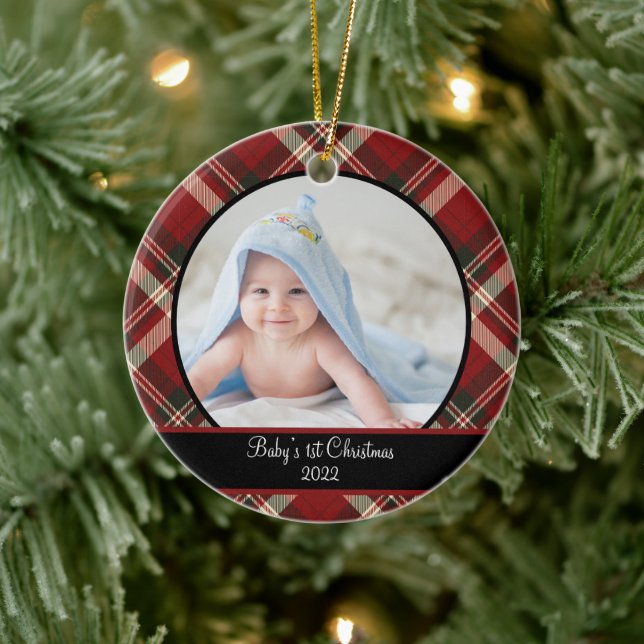 Modern Red and Green Tartan Plaid Baby Photo Ceramic Ornament (Tree)