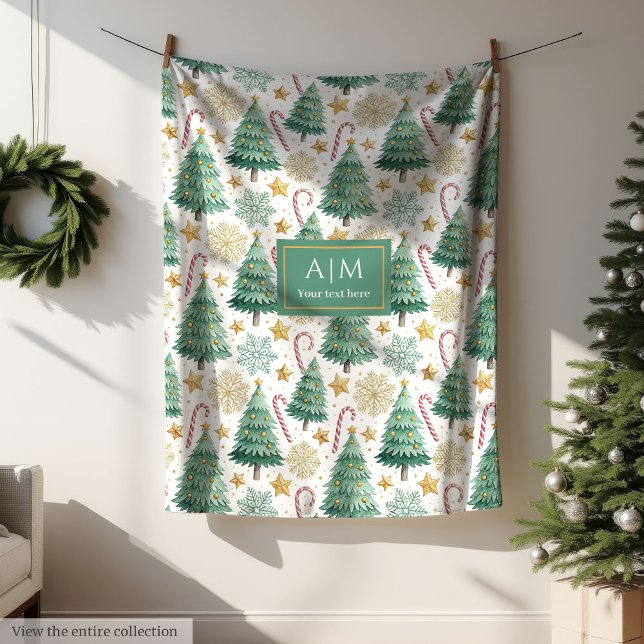 Modern red and green watercolor Christmas trees Fleece Blanket (Elegant red and gold watercolor Christmas trees blanket)