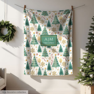 Modern red and green watercolor Christmas trees Fleece Blanket