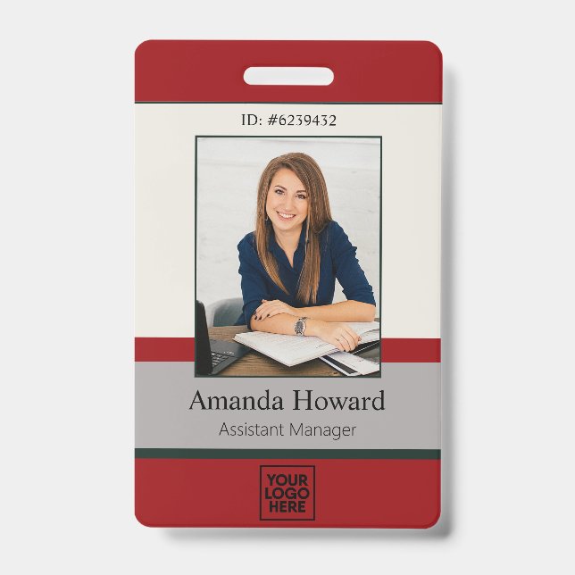 Modern Red and Grey Employee Photo ID Company Badge (Front)
