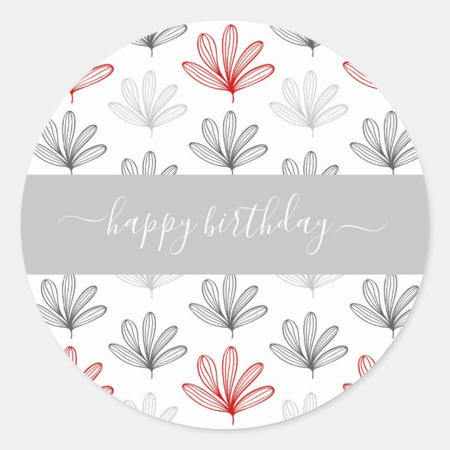Modern Red and Grey Floral  Pattern Birthday Classic Round Sticker (Front)