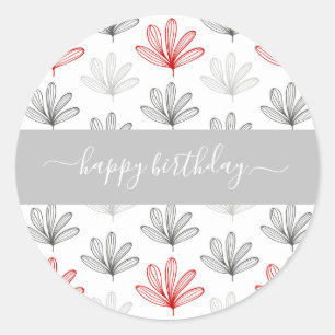 Modern Red and Grey Floral  Pattern Birthday Classic Round Sticker