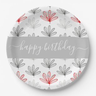 Modern Red and Grey Floral  Pattern Birthday Paper Plate