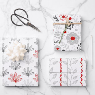 Modern Red and Grey Floral  Trio Wrapping Paper Sheet