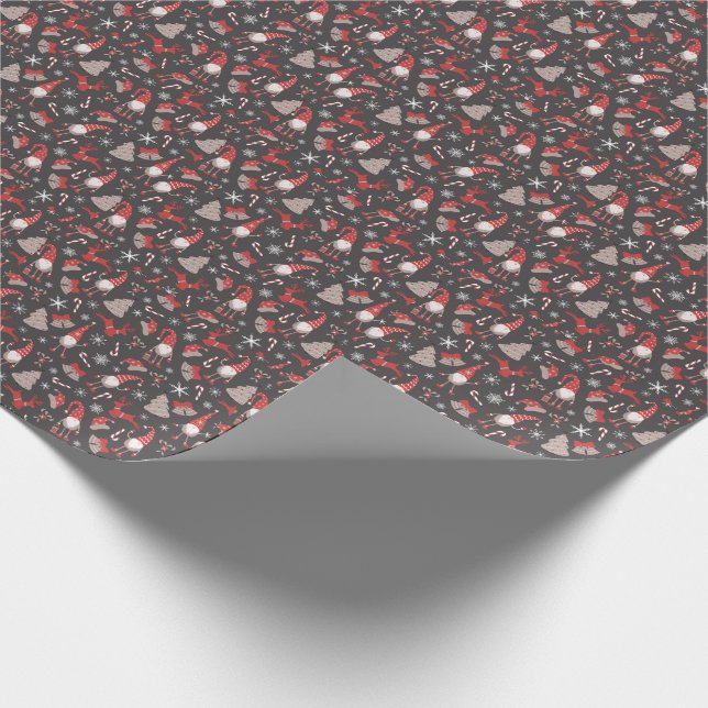 Modern Red and Grey Holiday Gnome Pattern Wrapping Paper (Corner)