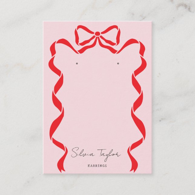 modern red and pink bow ribbon earring display business card (Front)