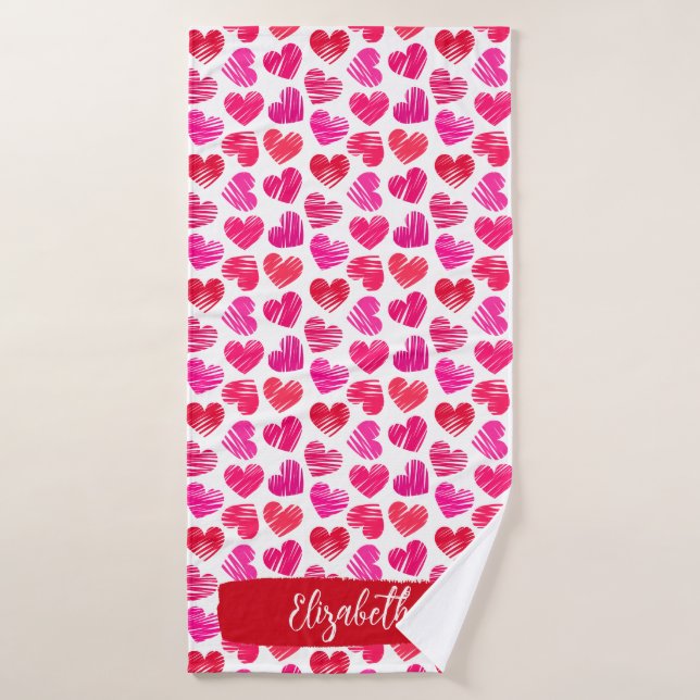 Modern Red and Pink Doodled Hearts Valentine Name  Bath Towel (Bath Towel)