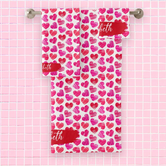 Modern Red and Pink Doodled Hearts Valentine Name  Bath Towel Set (Creator Uploaded)