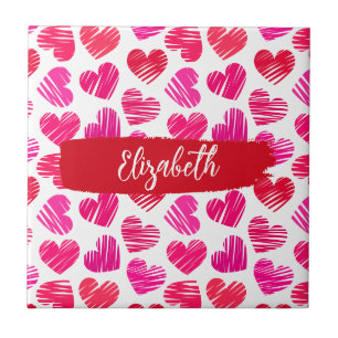 Modern Red and Pink Doodled Hearts Valentine Name  Ceramic Tile