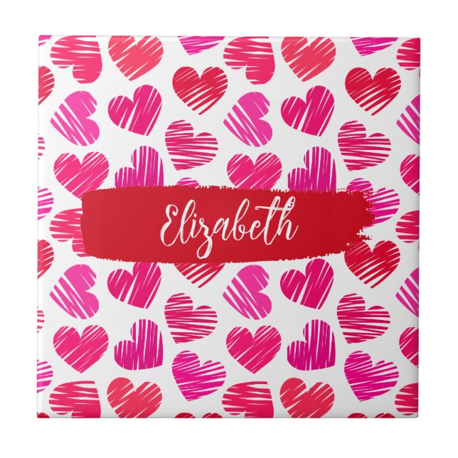 Modern Red and Pink Doodled Hearts Valentine Name  Ceramic Tile (Front)