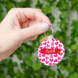 Modern Red and Pink Doodled Hearts Valentine Name  Key Ring