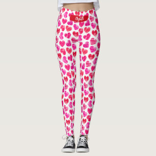 Modern Red and Pink Doodled Hearts Valentine Name Leggings